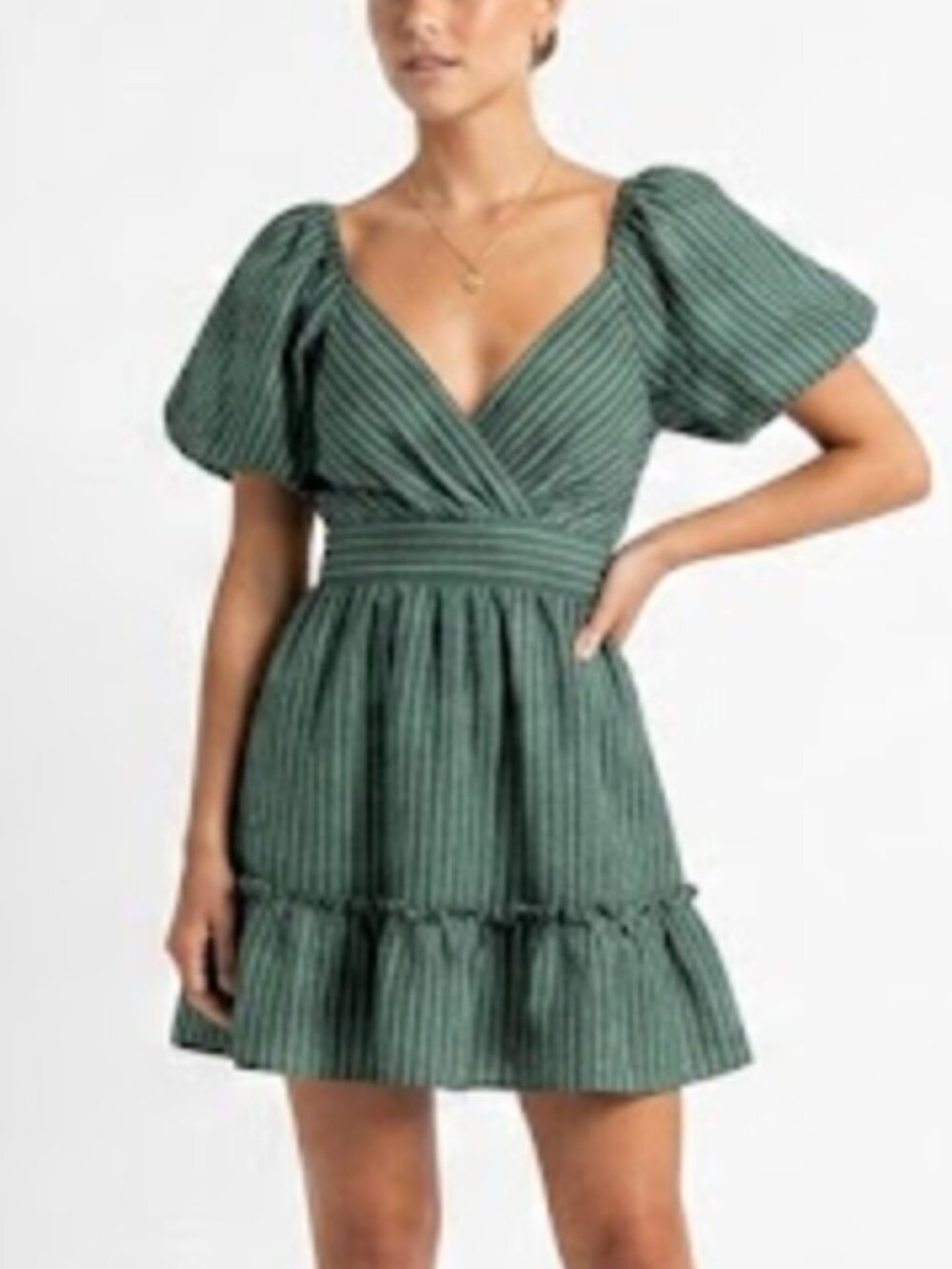 NWT Lumiere | Cotton & Linen Puff Sleeve Stripe Mini Dress Moss Green Size Large